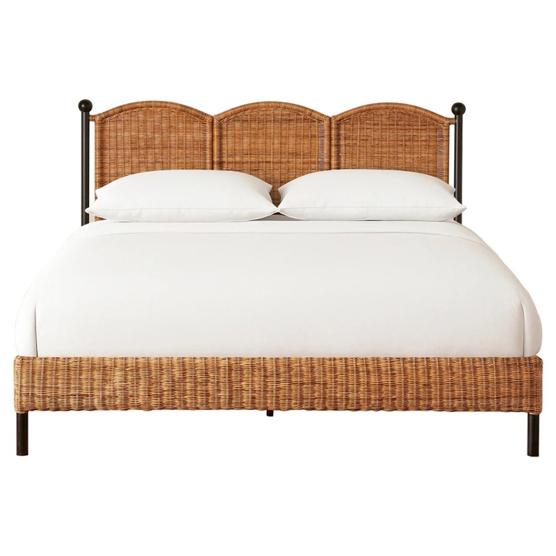 Mirea Coastal Beach Natural Rattan Woven Iron Scalloped Bed - Queen
