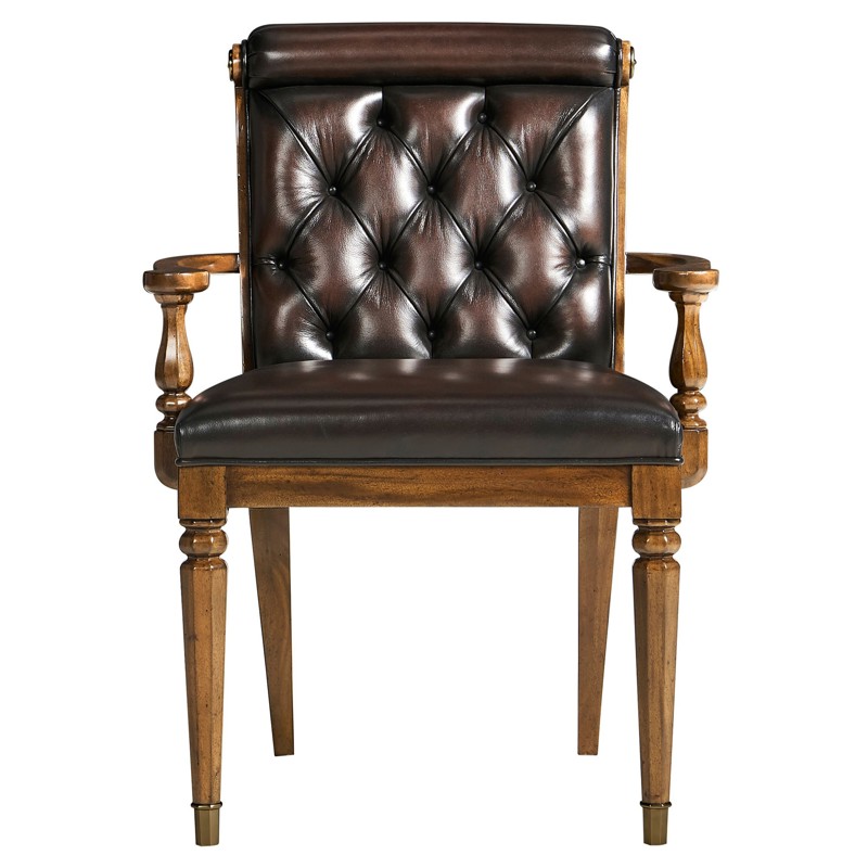 Dean Updated Traditional Brown Leather Mahogany Wood Tufted Dining Arm Chair