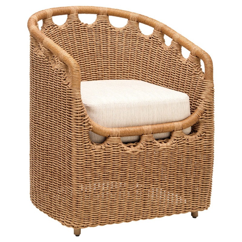 Olara Coastal Beach Cream Sunbrella Woven Wicker Outdoor Dining Arm Chair