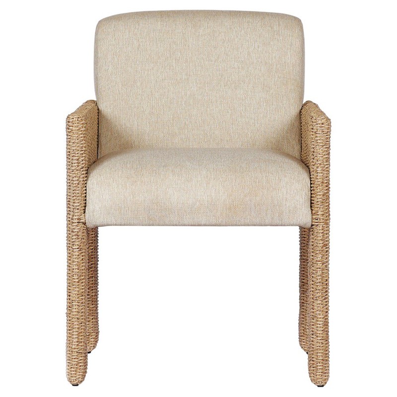 Amaya Coastal Beach Beige Upholstered Natural Woven Outdoor Dining Arm Chair