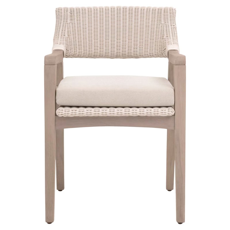 Lucile Coastal Cream Cushion Woven Wicker Washed Teak Outdoor Dining Arm Chair