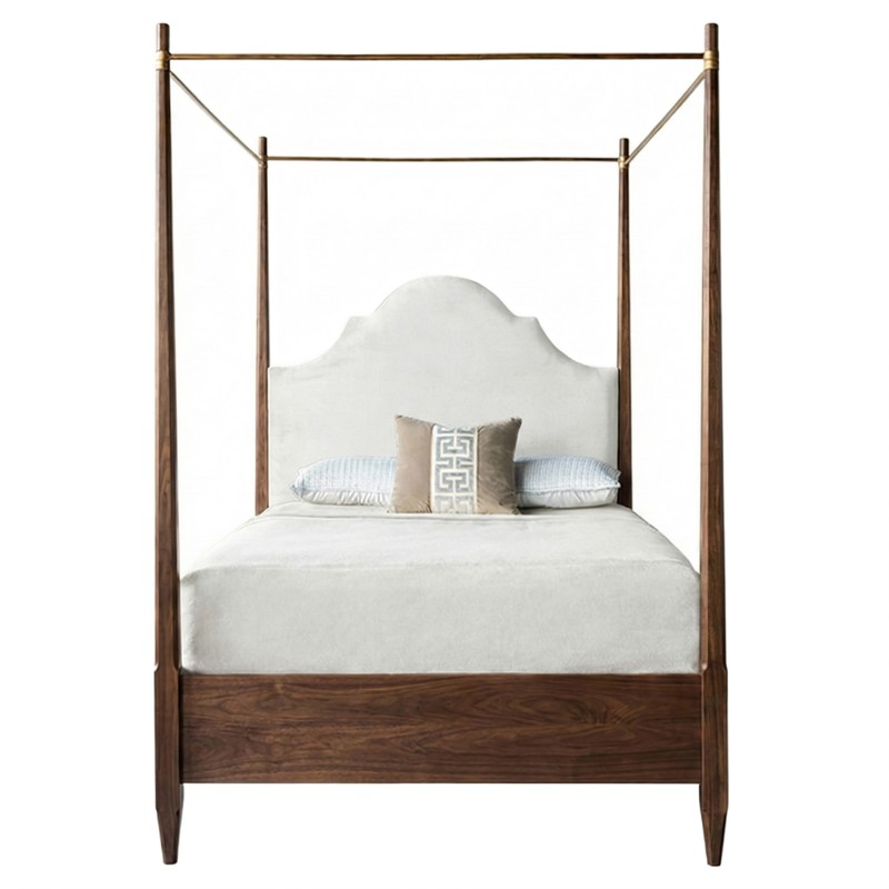 Zaiya Updated Traditional White Velvet Brown Wood Canopy Bed - Queen