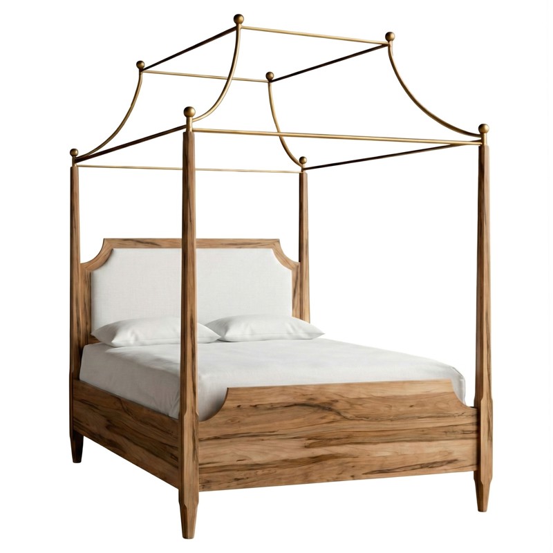 Janelle Updated Traditional White Linen Brown Wood Canopy Bed - Queen