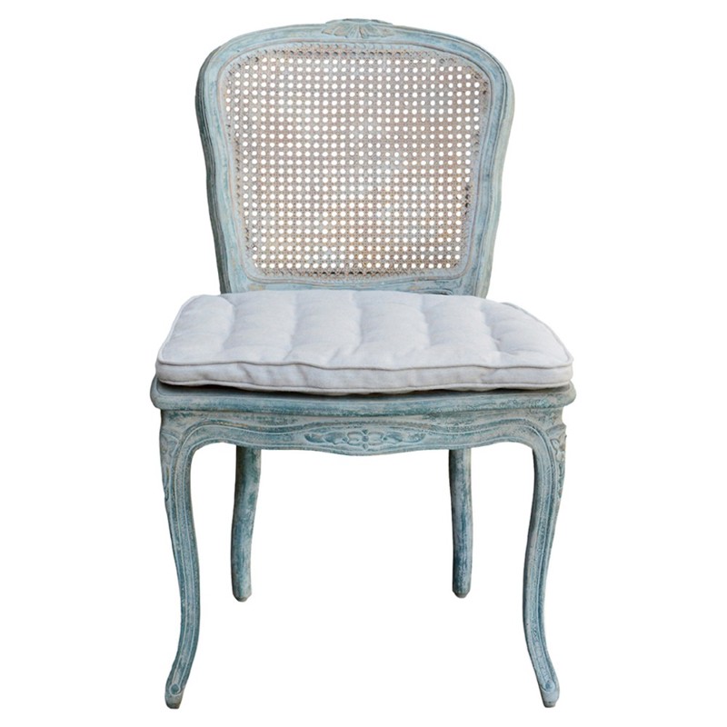 Riley French Country Cream Linen Distressed Blue Wood Cane Dining Chair