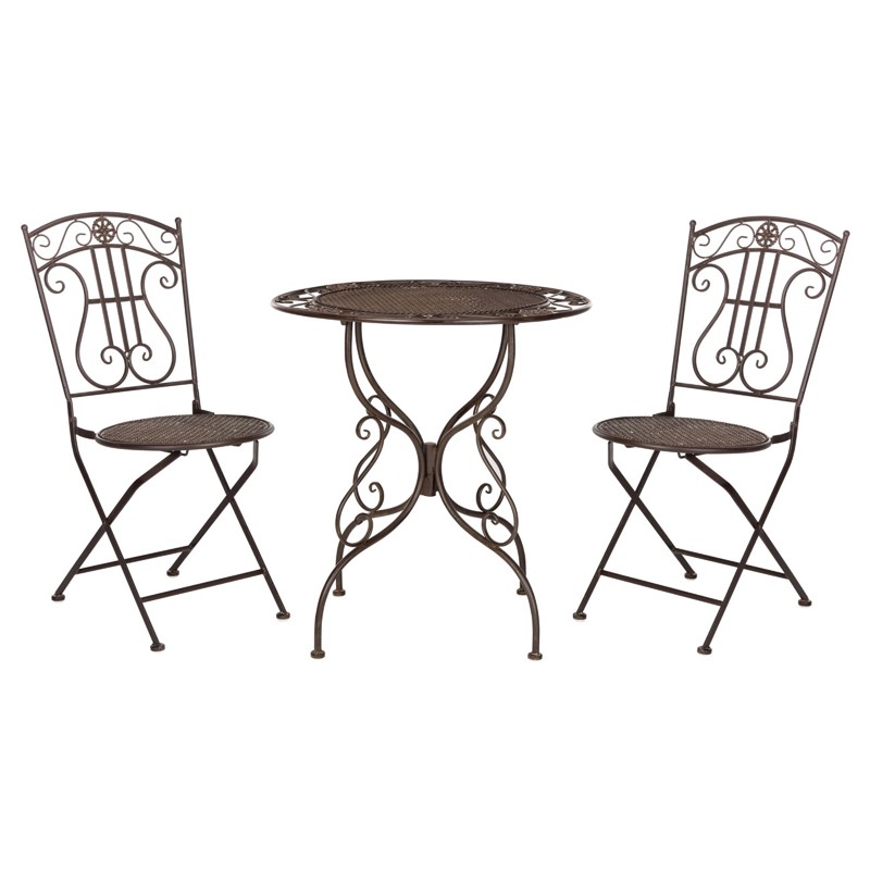 Sara French Country Antique Brown Iron 3 Piece Outdoor Bistro Dining Set