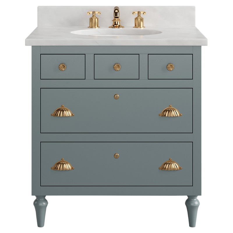Vanity & Co Margaux Traditional Blue Wood Polished Brass Vanity Cabinet - 30"
