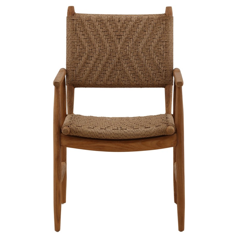 Leandre Coastal Brown Woven Wicker Teak Outdoor Dining Arm Chair - Set of 2