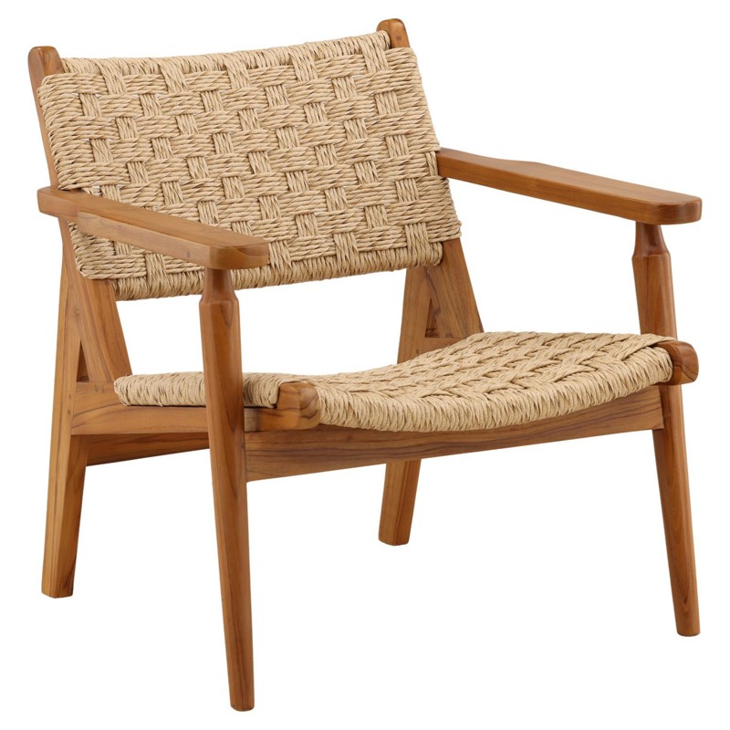 Evariste Coastal Beach Natural Teak Woven Rattan Outdoor Arm Chair