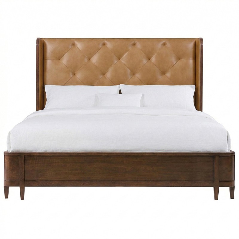 Alaine Rustic Lodge Brown Leather Walnut Wood Wingback Bed - Queen