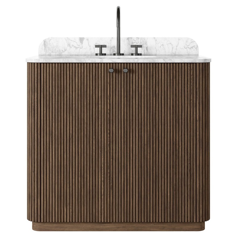 Malden Modern Classic White Marble Brown Oak Reeded Vanity Sink - 36"