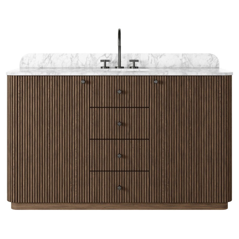 Malden Modern Classic White Marble Brown Oak Reeded Wide Vanity Sink - 55"