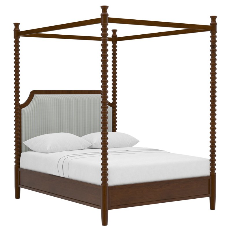Theodora French Green Striped Brown Wood Canopy Spindle Bed - Queen