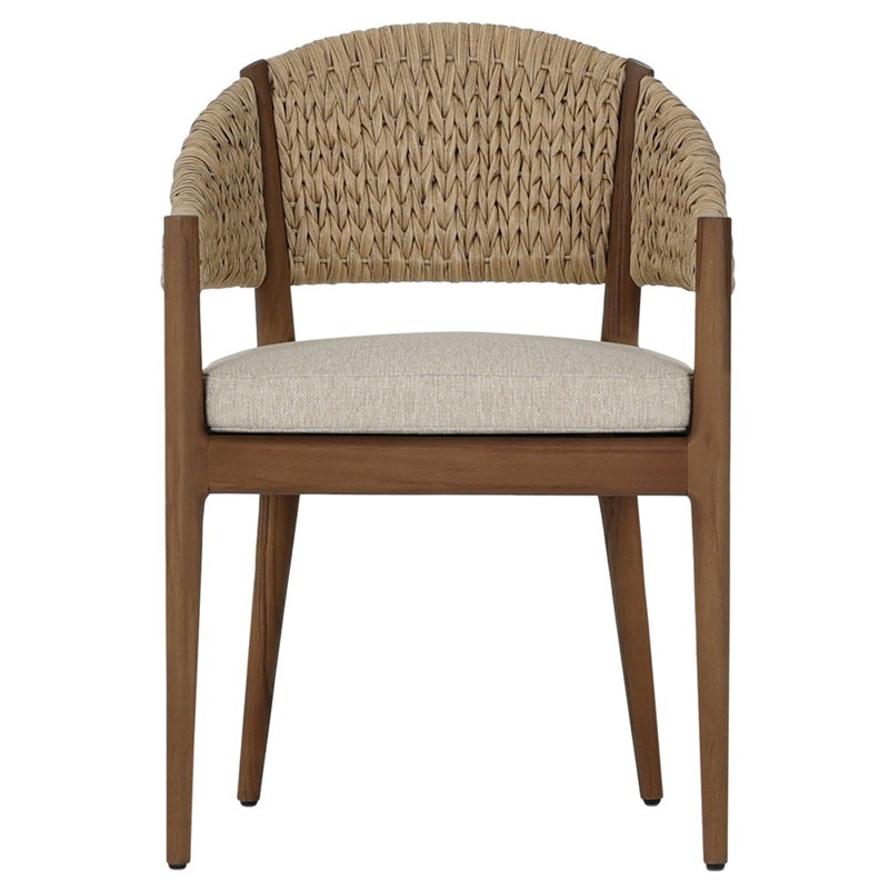 Atwood Coastal Beach Beige Woven Toasted Brown Teak Outdoor Dining Arm Chair