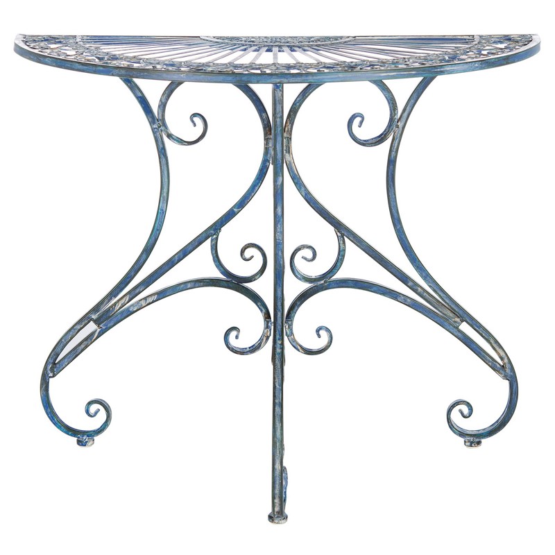 Alessia French Country Antique Blue Iron Demilune Outdoor Console Table
