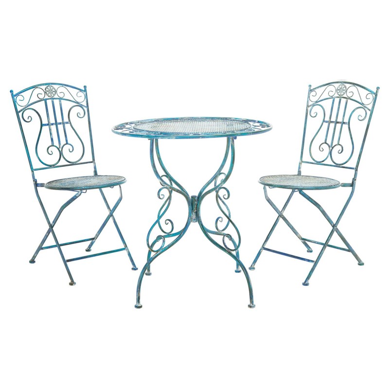 Sara French Country Antique Blue Iron 3 Piece Outdoor Bistro Dining Set