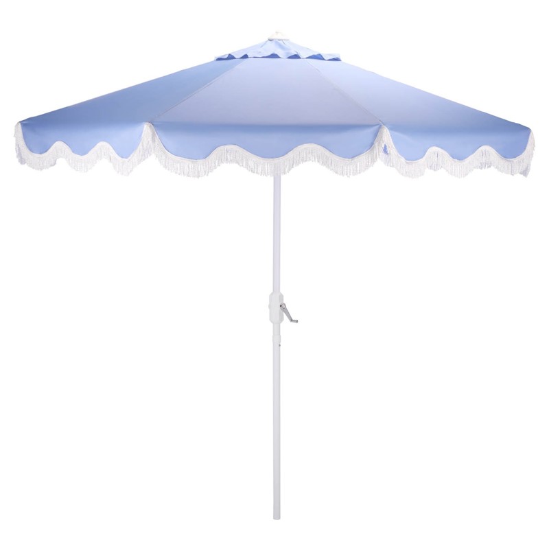 french patio umbrella LAGarden 6 Ft Fringe with Tassel Jazz Age Wood UPF50+ for Transform your outdoor space into a serene oasis with the Torsa 9 ft crank umbrella in a delightful baby blue shade Maria Stripe Taupe Fabric Vintage