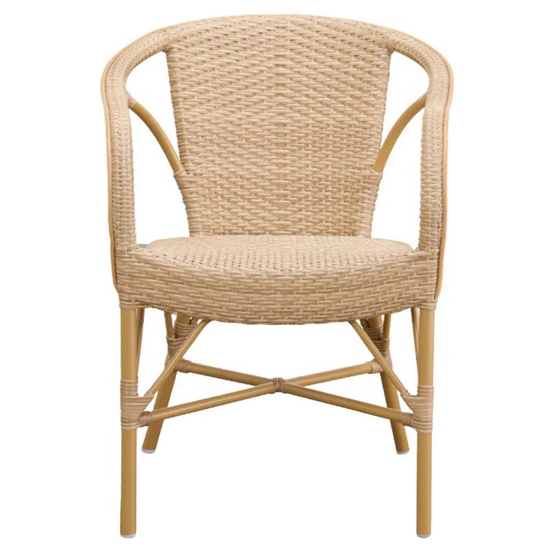 Clara Coastal Beach Brown Woven Aluminum Stackable Outdoor Dining Arm Chair