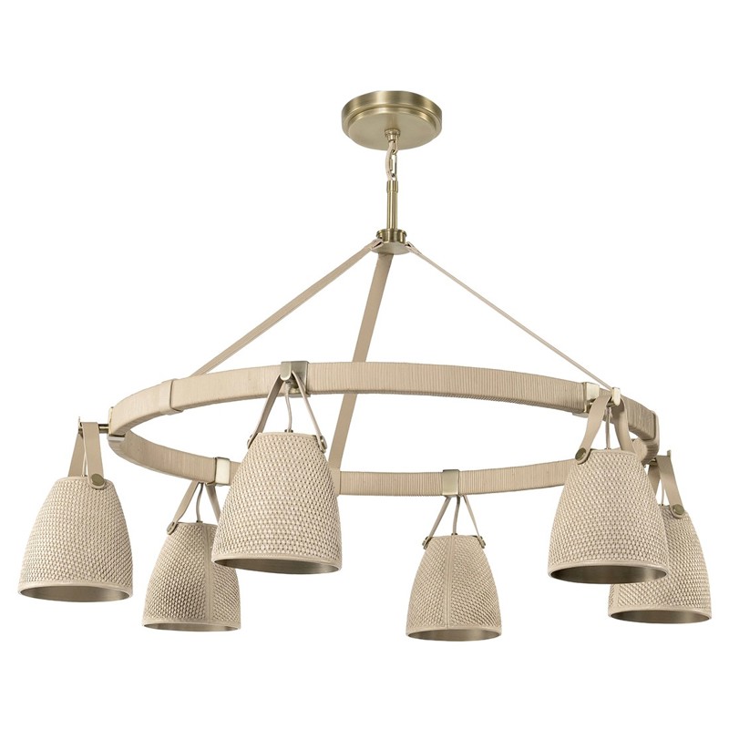 Palecek Carlton Coastal Beach Natural Raffia Brass Shaded Chandelier