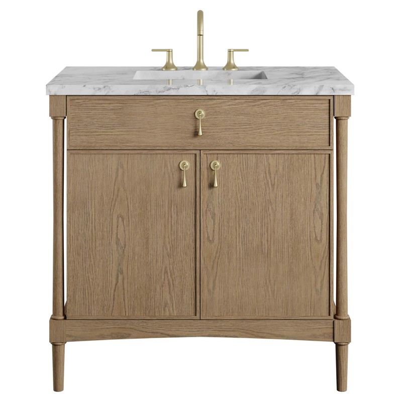 Tara Modern Classic White Carrara Marble Natural Oak Single Vanity Sink - 36"
