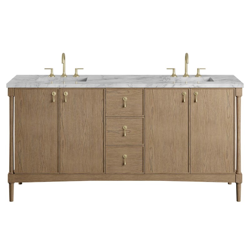 Tara Modern Classic White Carrara Marble Natural Oak Double Vanity Sink - 72"