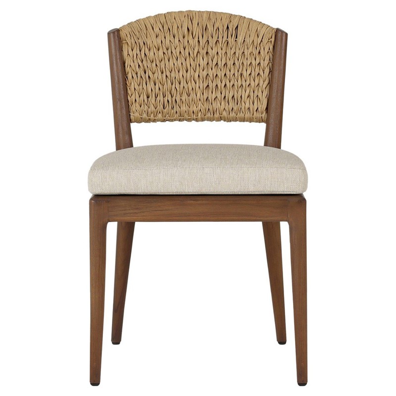 Atwood Coastal Beach Beige Woven Toasted Brown Teak Outdoor Dining Chair