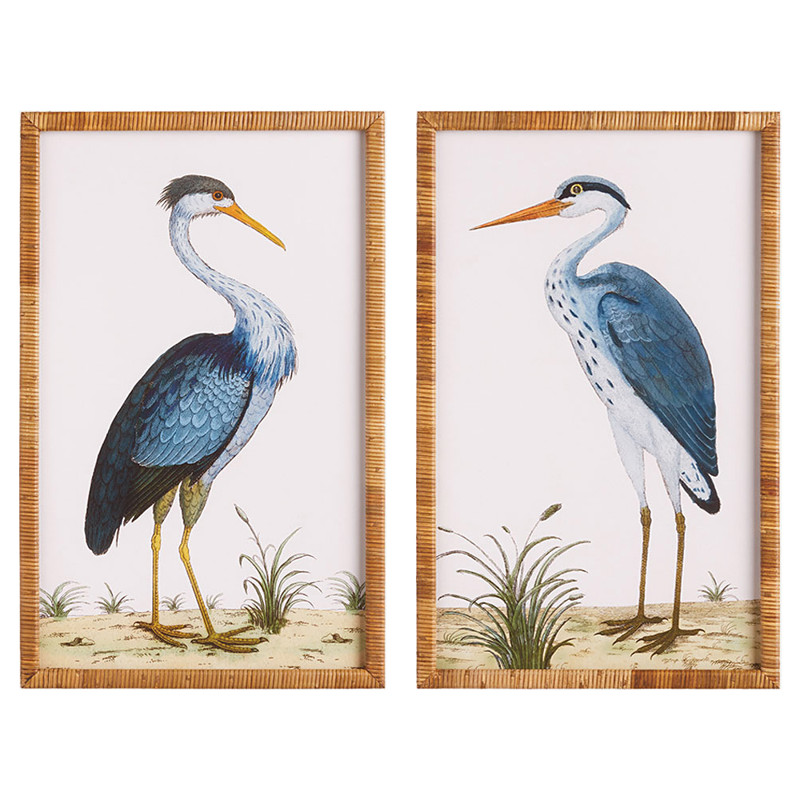 Hazel Coastal Beach Blue Heron Rattan Frame Illustration - Set of 2
