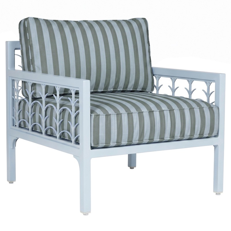 Tracey French Green Stripe Sunbrella Light Blue Aluminum Outdoor Lounge Chair