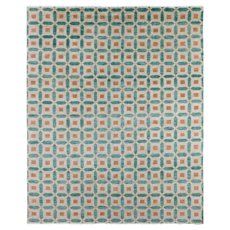 Isadora Updated Traditional Teal Wool Quatrefoil Patterned Hand Knotted Rug - 6'x9'
