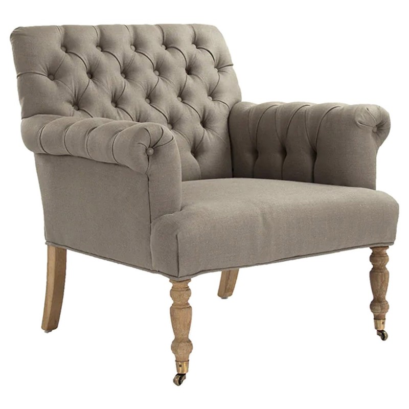 Violaine French Country Grey Linen Oak Tufted Arm Chair