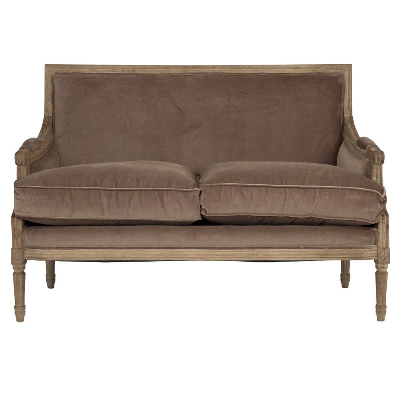 Renaud French Country Brown Velvet Oak Settee
