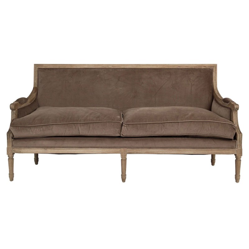 Renaud French Country Brown Velvet Oak Sofa - 70"