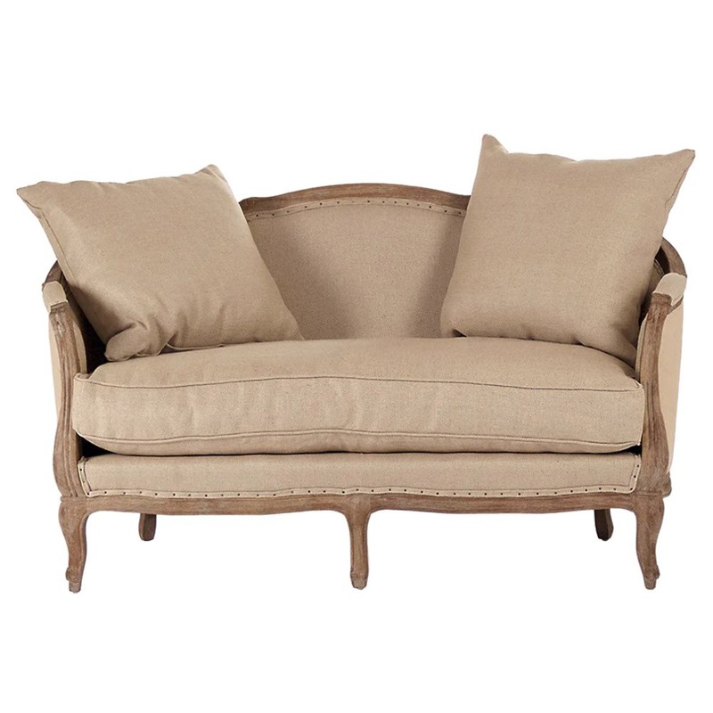 Lettie French Country Beige Hemp Linen Oak Settee