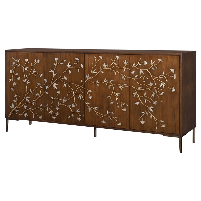 Pemberton Updated Traditional Natural Capiz Shell Brown Walnut Wood Credenza by Maitland-Smith