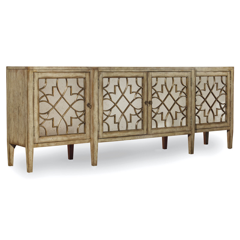 Angelique French Country Oak Wood Antique Mirror Front Fretwork Sideboard