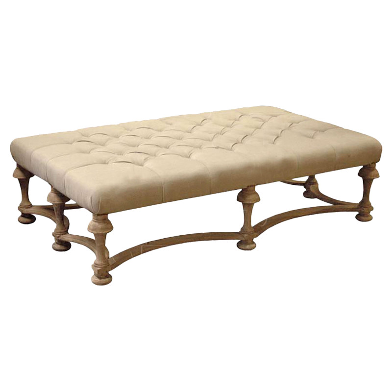Foix French Country Tufted Linen and Natural Pine Ottoman