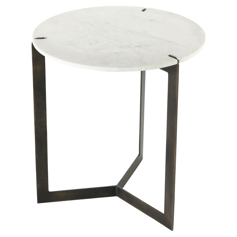 Malin Industrial Loft White Marble Brass Iron Round End Table