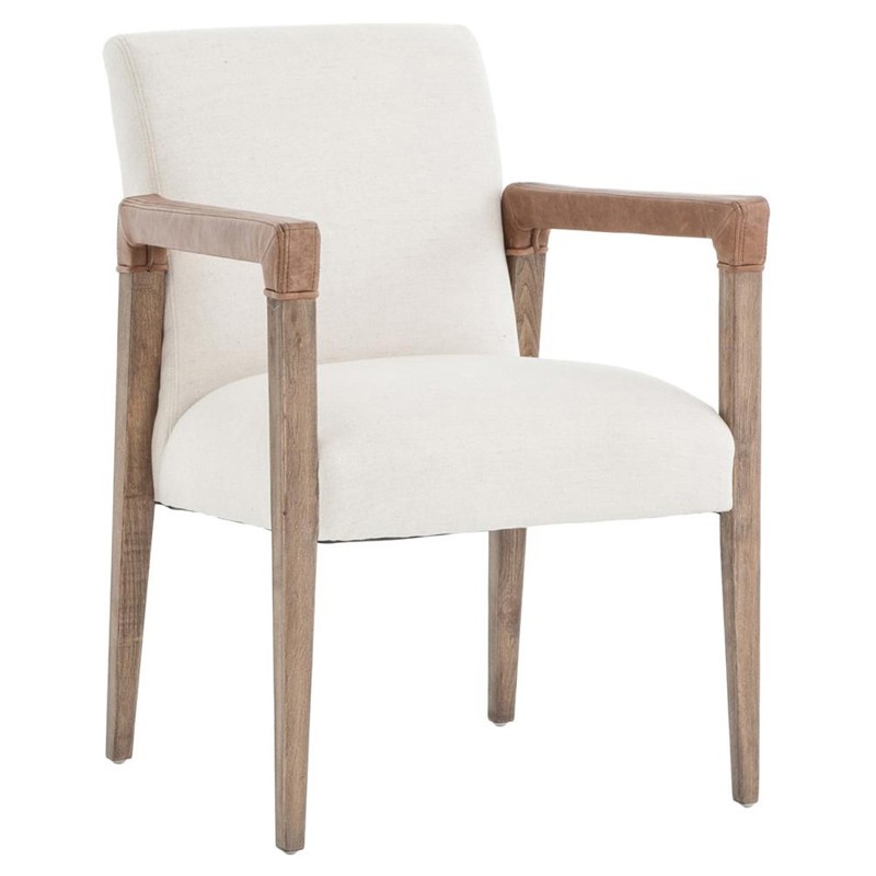 Jolie French Cream Upholstered Brown Oak Wood Leather Wrapped Dining Arm Chair