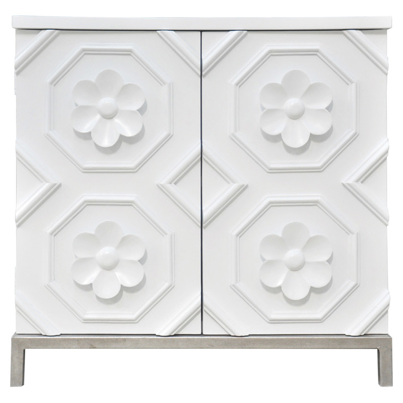 Tyrol Modern White Hardwood Flower Detail 2 Door Nightstand