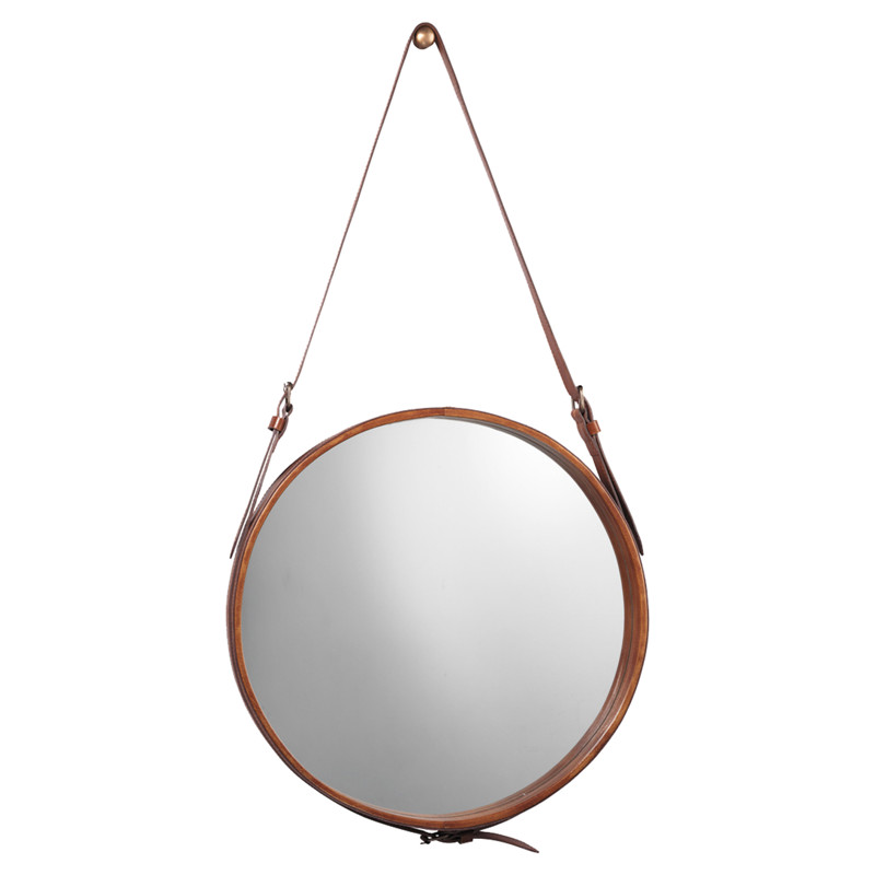 Logan Modern Classic Round Brown Leather Wall Mounted Mirror - 26D