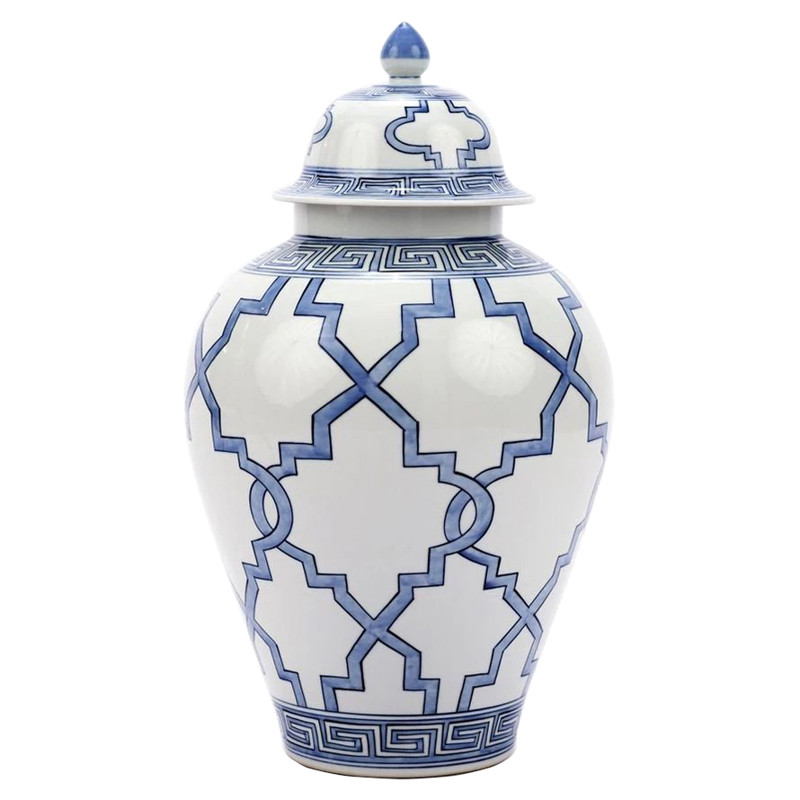 Turia French Country Blue and White Large 23in Porcelain Greek Grids Heaven Jar