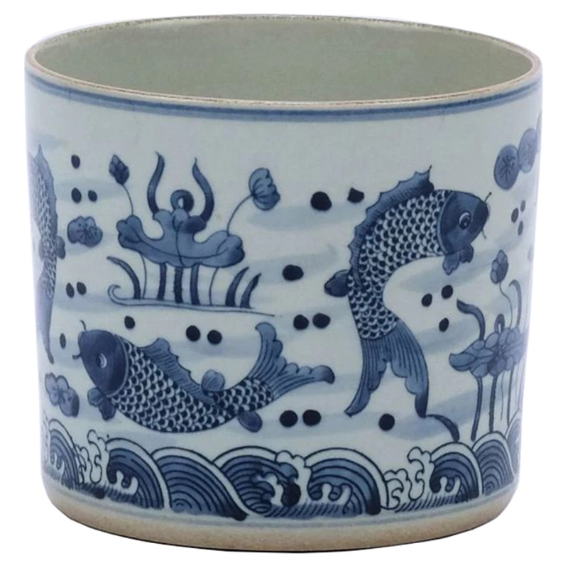 Keyla Modern Classic Blue and White Porcelain Fish Orchid Planter