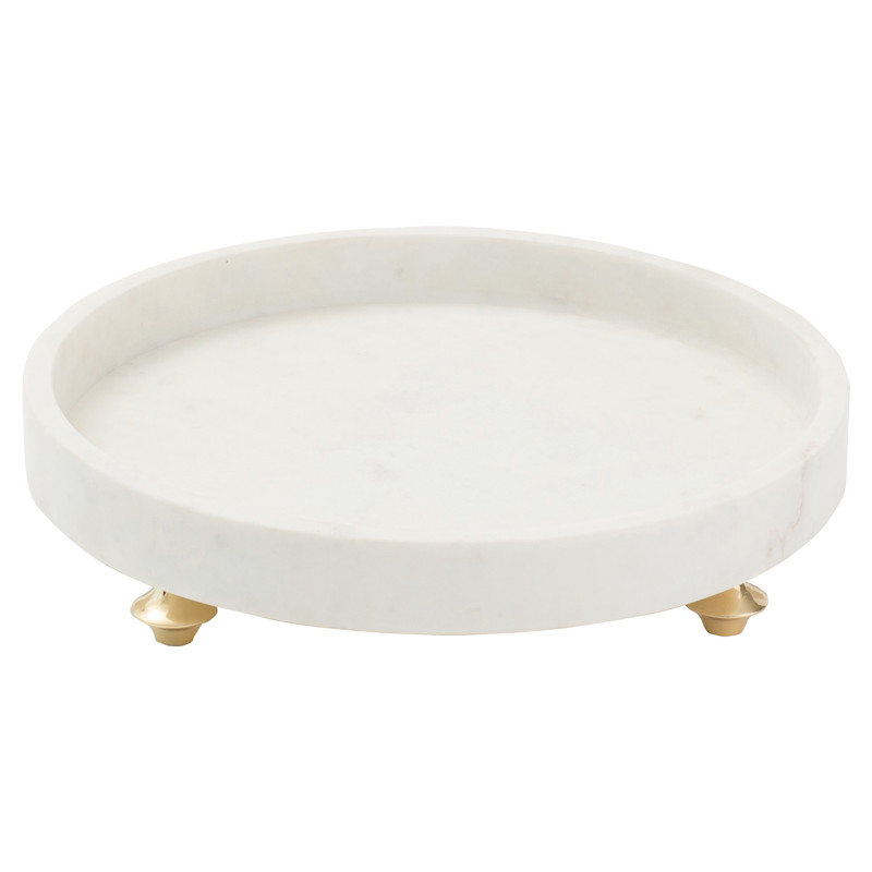 Claudia Modern Gold Footed Round Marble Tray - White