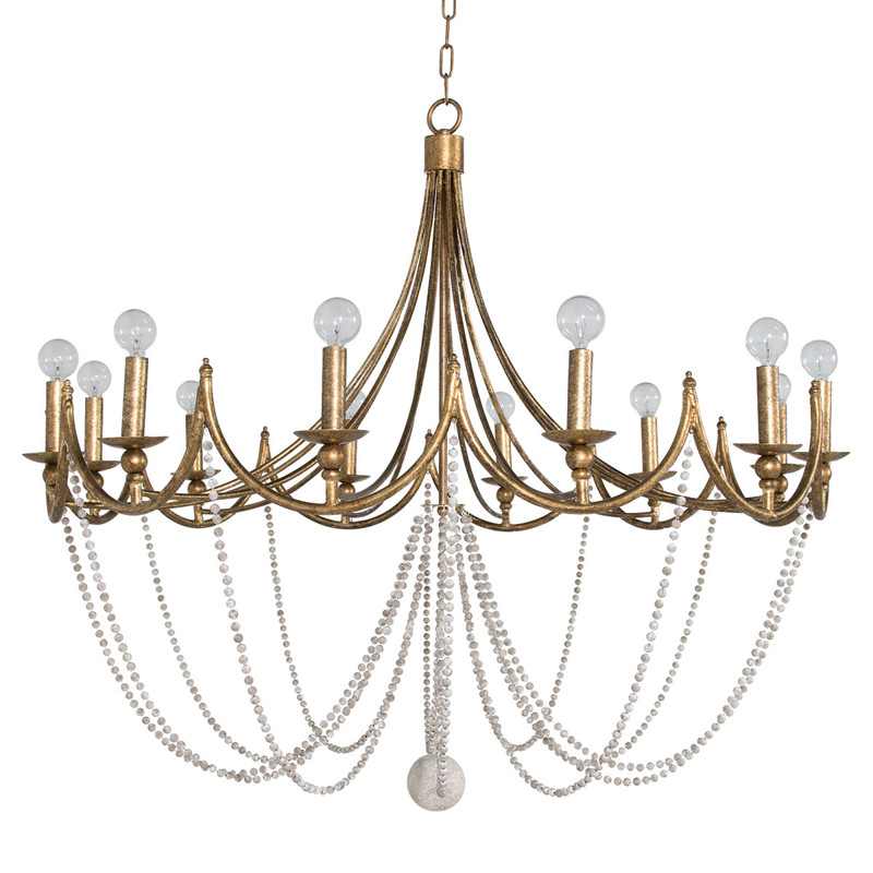 Sandra French Country Wood Bead Gold Metal Chandelier