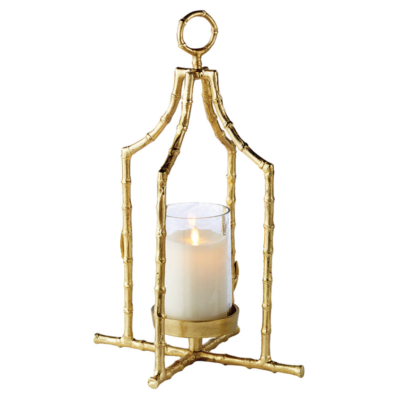 Enzo Coastal Beach Gold Metal Bamboo and Seeded Glass Lantern