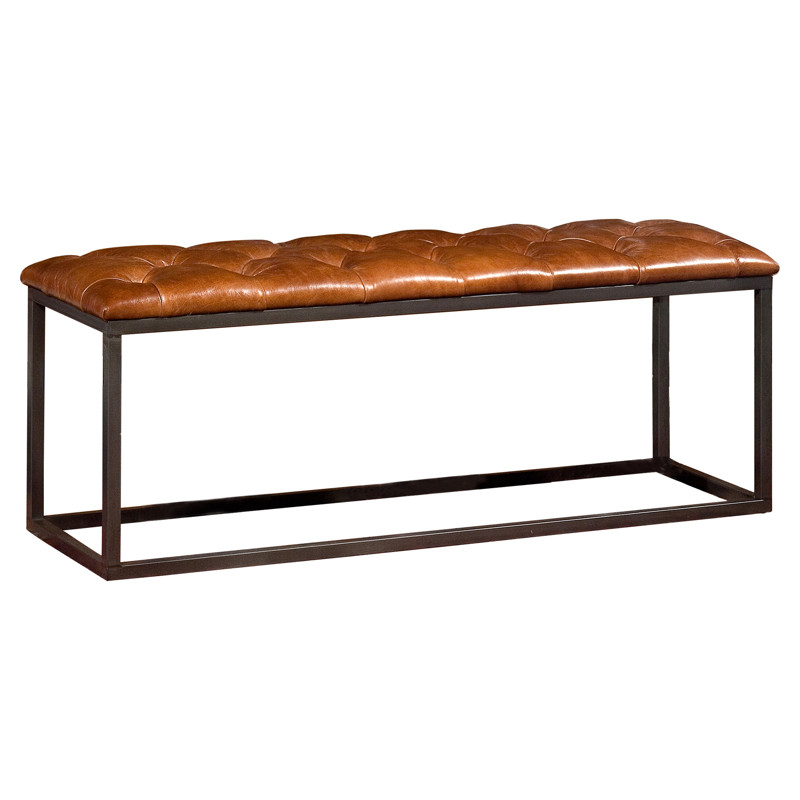 Anna Rustic Lodge Brown Leather Tufted Metal Bench