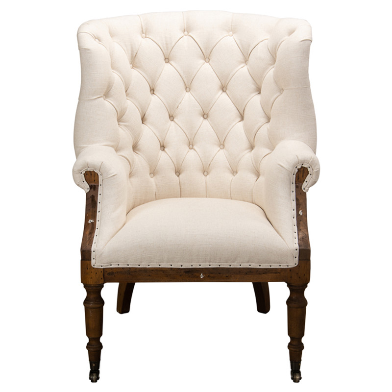 Marcel French Country Tufted White Linen Living Room Occasional Arm Chair