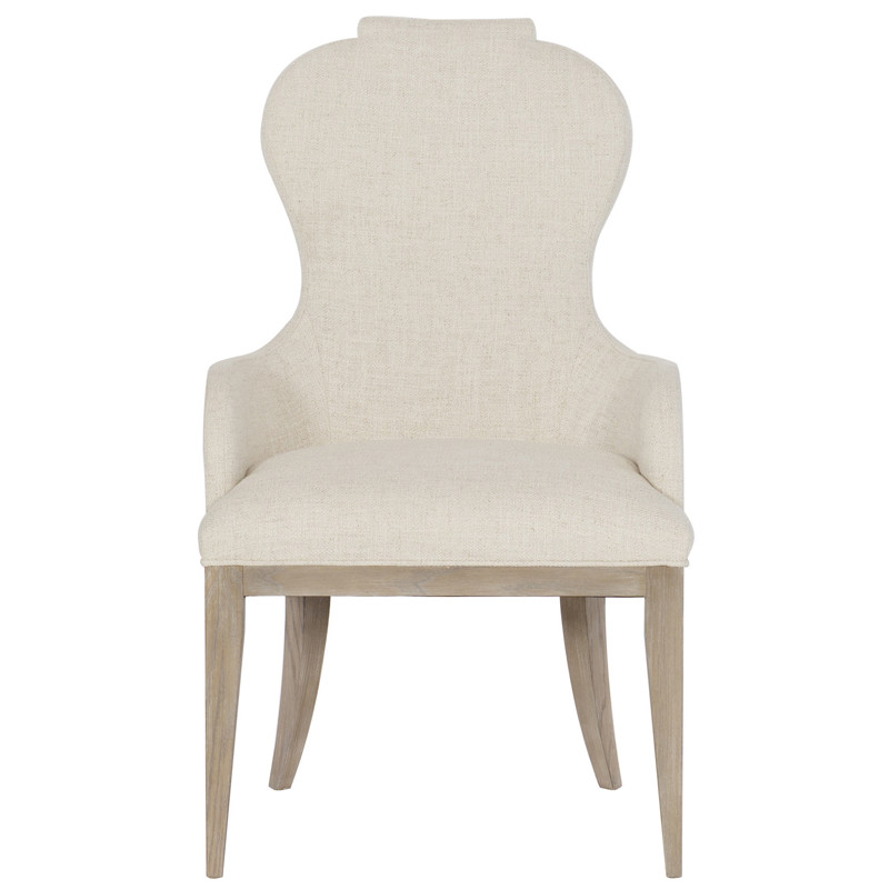 Sarabeth French Beige Upholstered Sandstone Brown Wood Rounded Dining Arm Chair