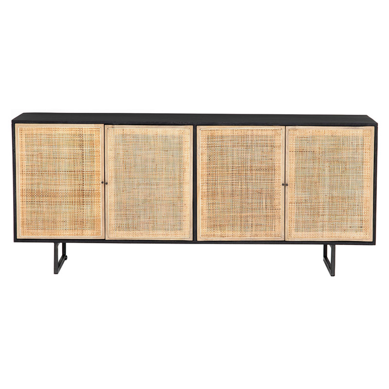 Emilie Coastal Beach 4 Door Black Wash Mango Wood Cane Metal Legs Sideboard