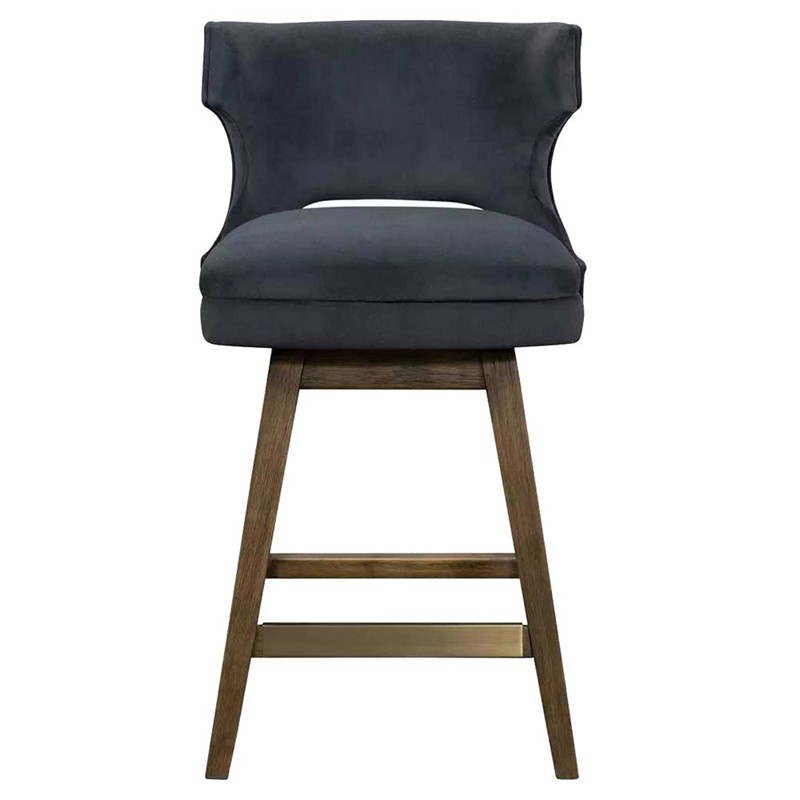 Liana Mid Century Blue Upholstered Velvet Brown Wood Wing Back Swivel Counter Stool