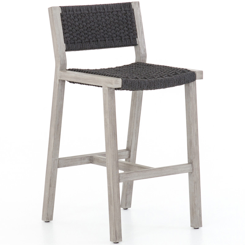 Dion Coastal Beach Dark Grey Woven Rope Weathered Teak Wood Outdoor Bar Stool